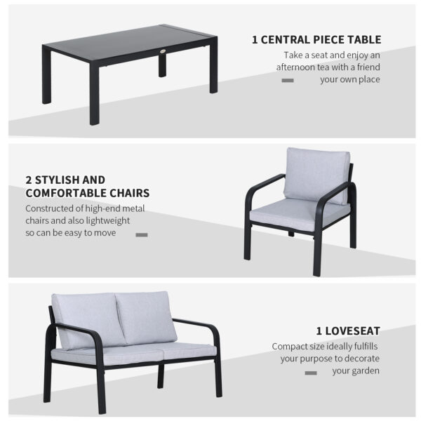 Outsunny 4pcs Garden Sofa Set 2 Single Armchair, 1 Bench & 1 Coffee Table Set Aluminum Frame Patio Furniture with Cushions, Black - Image 5