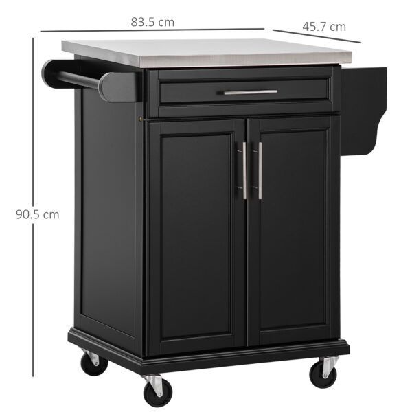 HOMCOM Wooden Kitchen Island on Wheels, Serving Cart Storage Trolley with Stainless Steel Top, Drawer, Side Handle and Rack, Black - Image 2