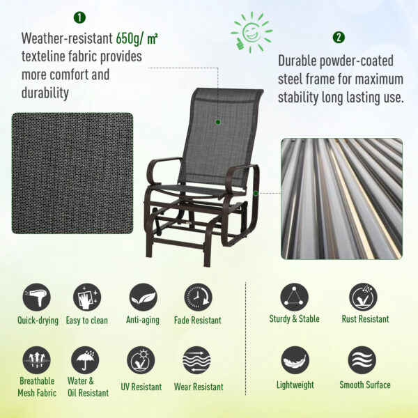 Outsunny 3 Pieces Garden Gliding Chair Set, Metal Frame 2 Single Armchair Swing Seater and 1 Glass Top Coffee Table w/ Breath Mesh Fabric Seat, Brown - Image 3