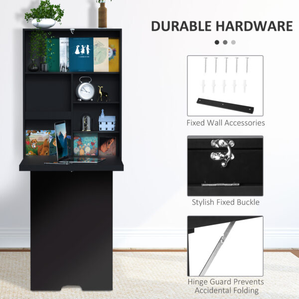HOMCOM Folding Wall-Mounted Drop-Leaf Table, Convertible Wall Table With Chalkboard and Storage Shelf, Multifunctional Floating Desk for Home Office, Black - Image 3