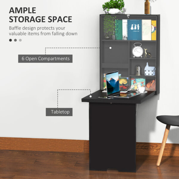 HOMCOM Folding Wall-Mounted Drop-Leaf Table, Convertible Wall Table With Chalkboard and Storage Shelf, Multifunctional Floating Desk for Home Office, Black - Image 4