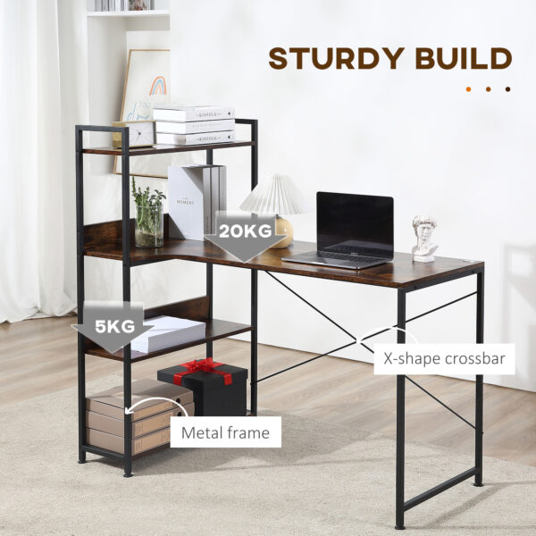 HOMCOM Computer Desk with 4-Tier Storage Shelf, Study Table, Home Office Desk with Bookshelf and Metal Frame, 120 x 70 x 120cm, Brown - Image 5