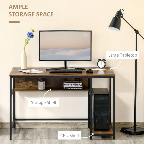HOMCOM Computer Desk with Storage, 120 x 60cm Home Office Desk with 2 Shelves and Steel Frame, Writing Table for Living Room, Study, Rustic Brown - Image 3
