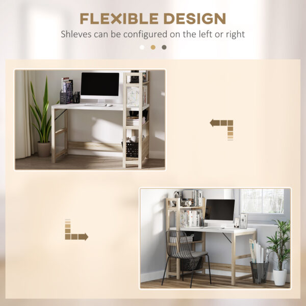 HOMCOM Computer Desk with 3 Tier Storage Shelves on Left or Right, 120cm Writing Table for Home Office, Study, Bedroom, White and Oak - Image 4