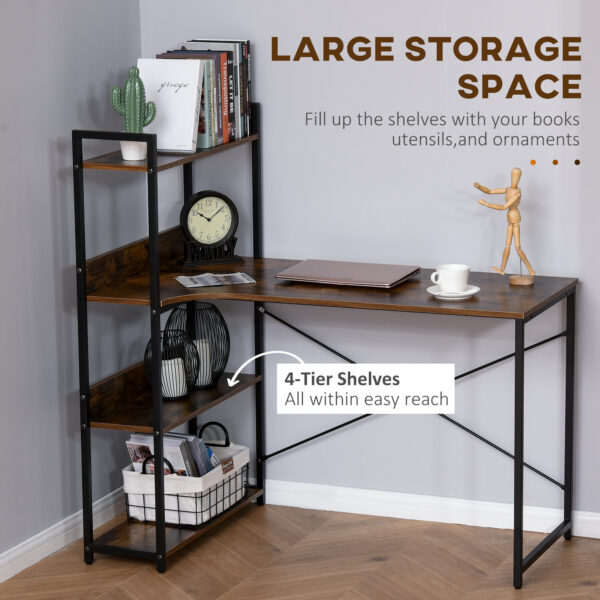 HOMCOM Computer Desk with 4-Tier Storage Shelf, Study Table, Home Office Desk with Bookshelf and Metal Frame, 120 x 70 x 120cm, Brown - Image 4