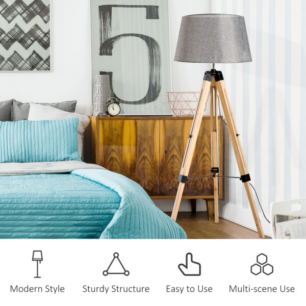 HOMCOM Tripod Floor Lamp Wooden Adjustable Modern Illumination Design E27 Bulb Compatible (Grey Shade) 99-143H - Image 4