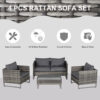 Outsunny 4 Pieces PE Rattan Garden Furniture with Cushion, Outdoor Wicker Conservatory Sofa Set w/ Armchairs, Loveseat, Glass Top Coffee Table, Dark Drey - Image 3