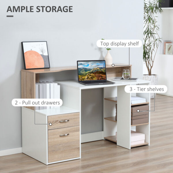 HOMCOM Computer Desk with Drawers and Storage Shelves, Reception Desk, Study Workstation for Home Office, 137 x 55 x 92cm, Oak and White - Image 4