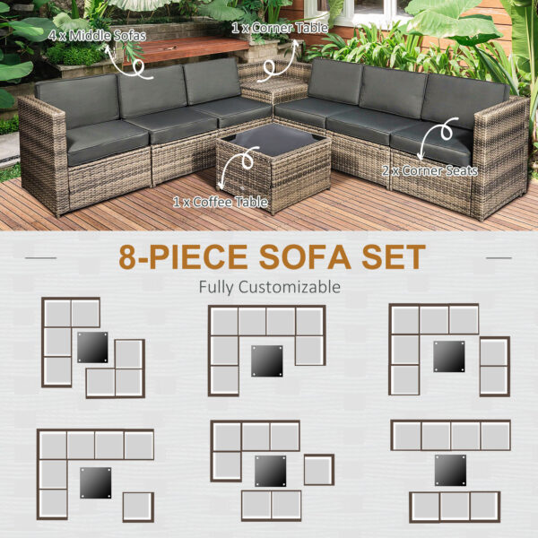 Outsunny 8 Pieces Outdoor PE Rattan Sofa Set with Cushions, Patio Garden Furniture Sets with Glass Top Coffee Table, Storage Corner Table, Mixed Brown - Image 5