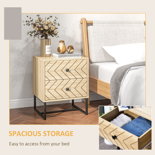 HOMCOM Bedside Table Nightstand Two-Drawer Bedroom Storage Unit Zig Zag Design with Black Metal Handles, Natural - Image 4