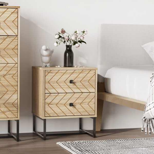 HOMCOM Bedside Table Nightstand Two-Drawer Bedroom Storage Unit Zig Zag Design with Black Metal Handles, Natural - Image 6