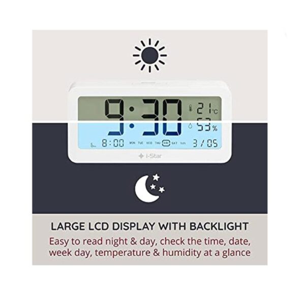 i-Star Portable White Alarm Clock with Temperature and Humidity- 90081PI - Image 4