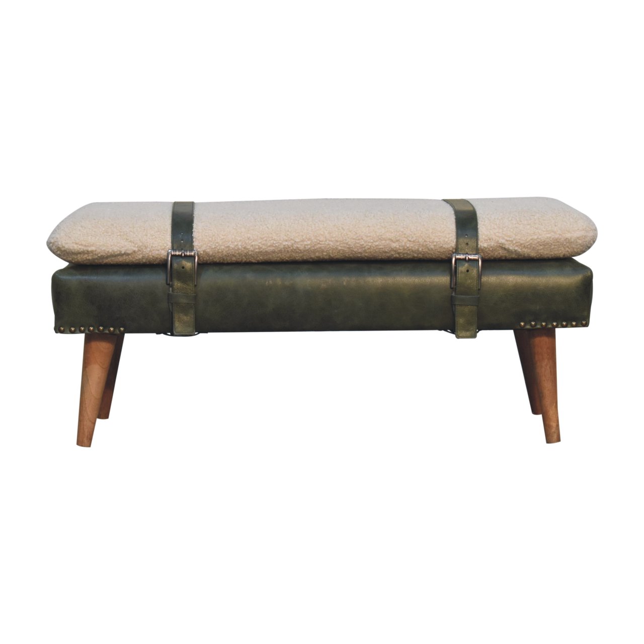 Bouclé & Buffalo Hide Leather Bench – Olive Green Statement Seating