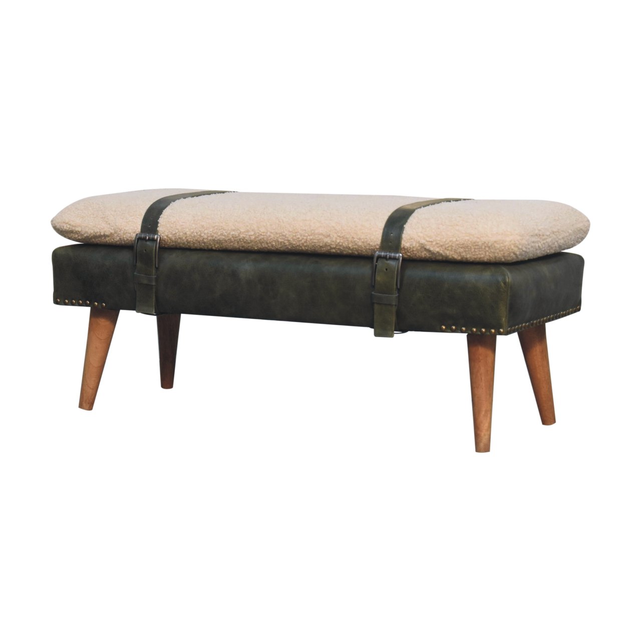 Bouclé & Buffalo Hide Leather Bench – Olive Green Statement Seating - Image 2