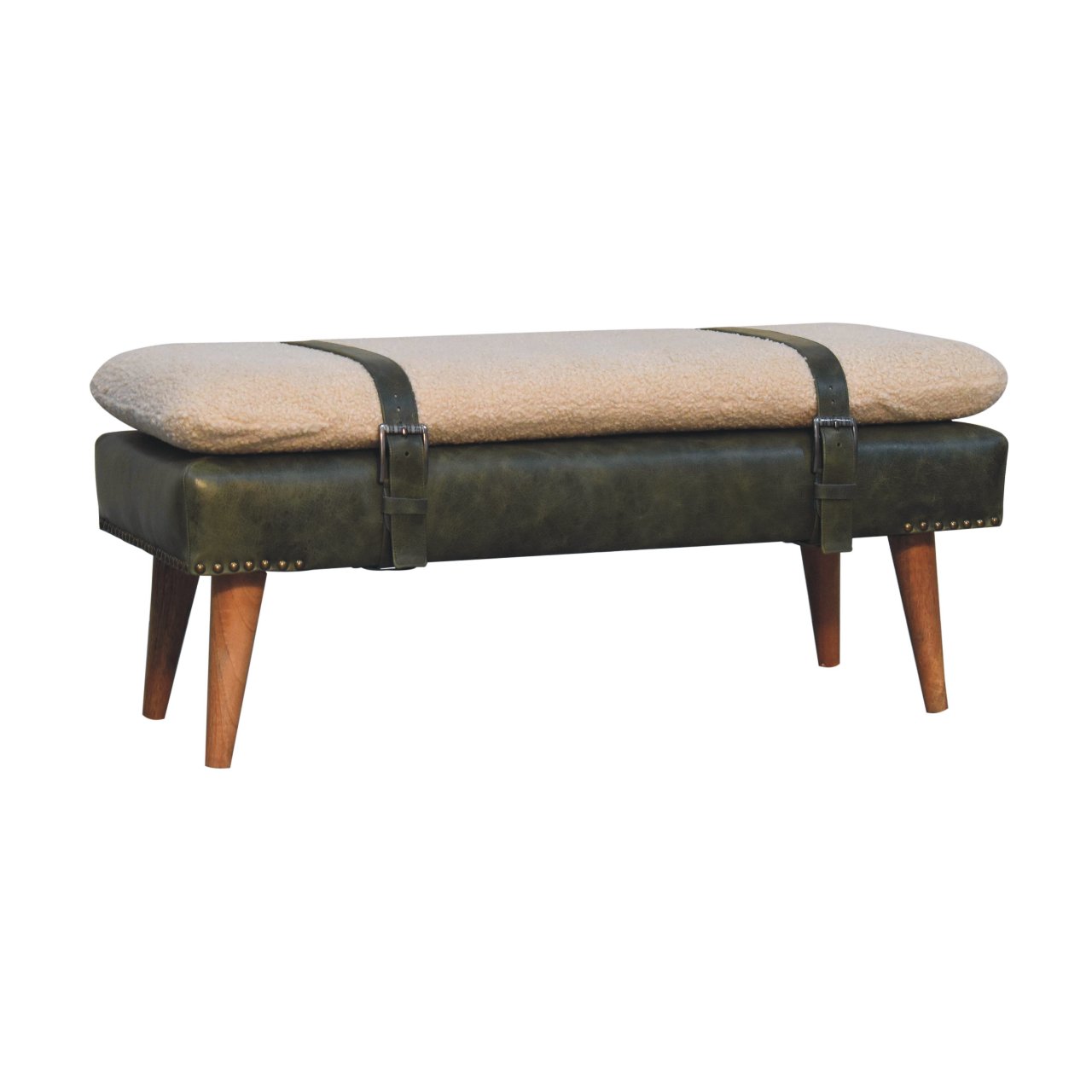 Bouclé & Buffalo Hide Leather Bench – Olive Green Statement Seating - Image 3