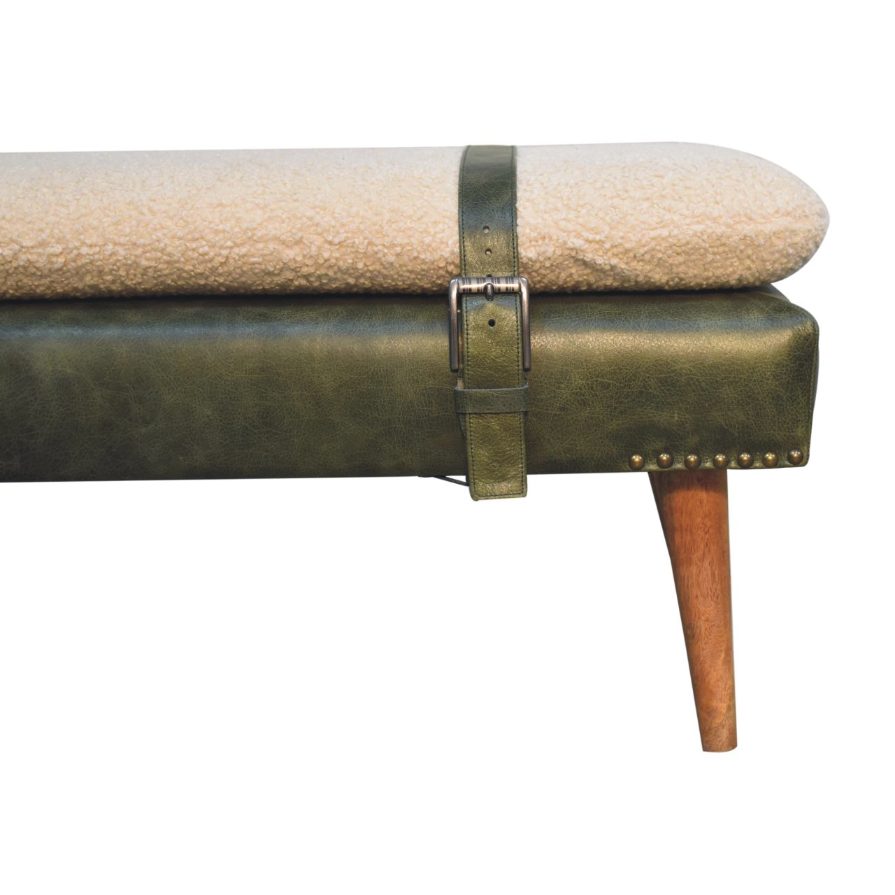 Bouclé & Buffalo Hide Leather Bench – Olive Green Statement Seating - Image 5