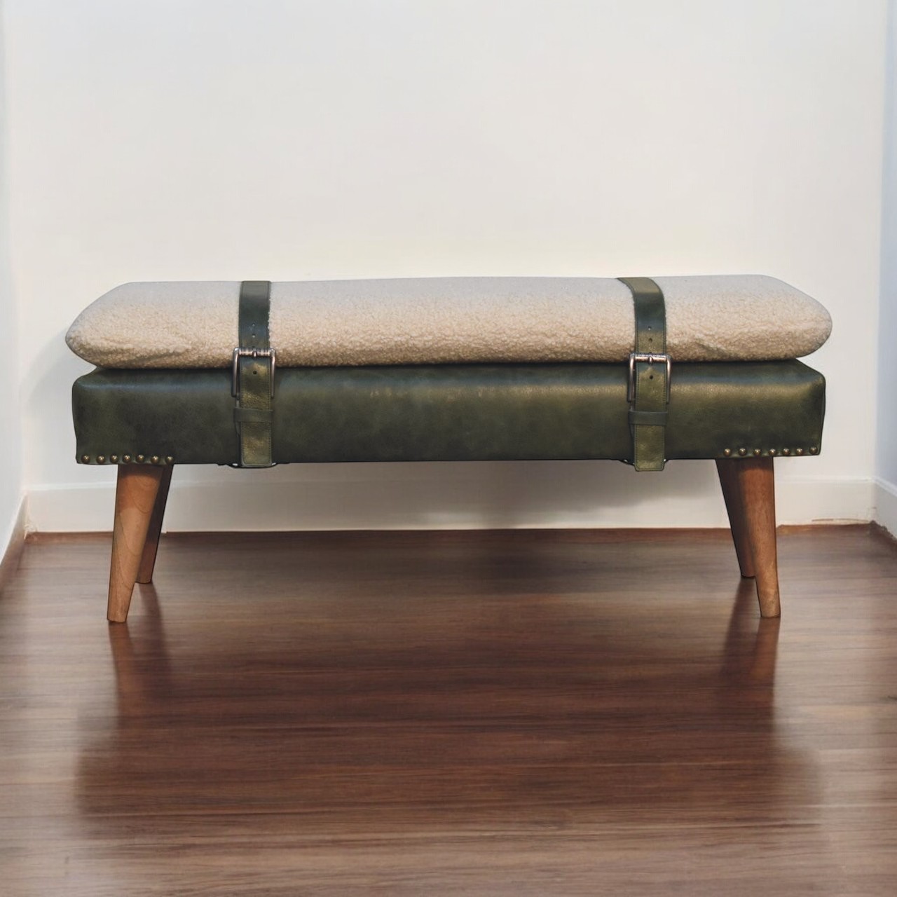 Bouclé & Buffalo Hide Leather Bench – Olive Green Statement Seating - Image 4