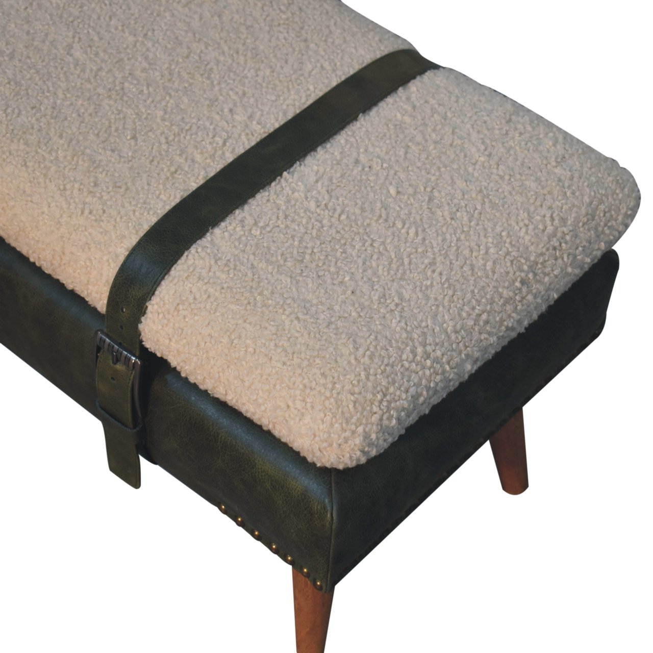 Bouclé & Buffalo Hide Leather Bench – Olive Green Statement Seating - Image 6