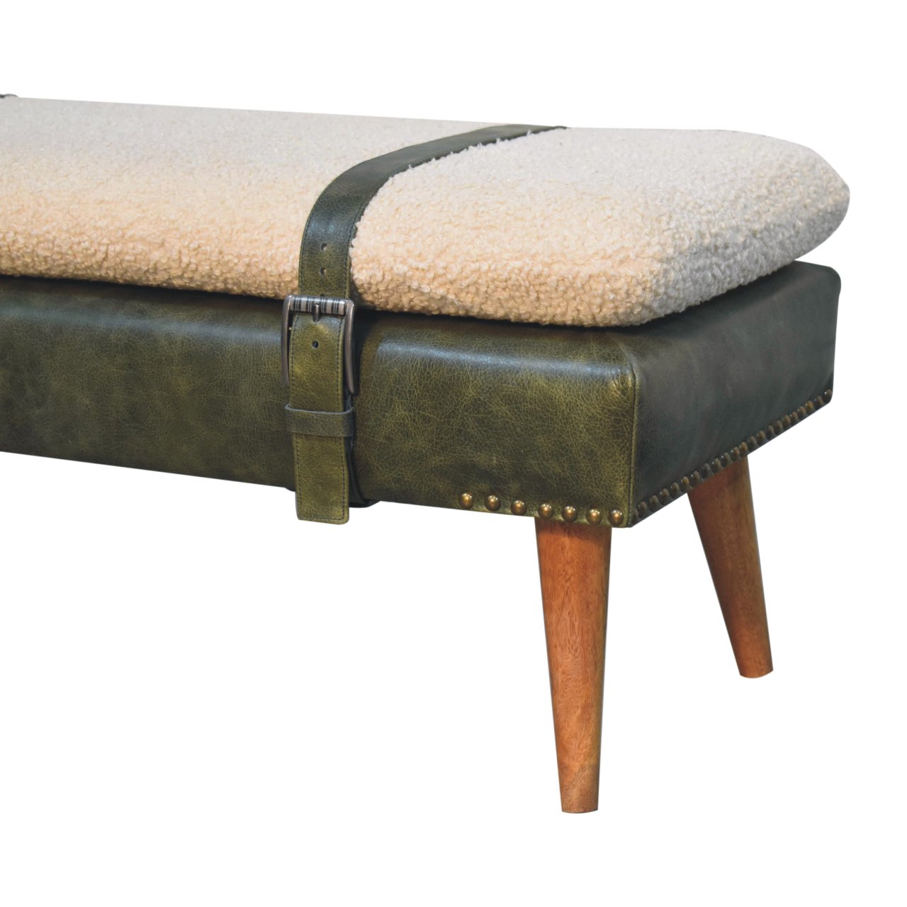Bouclé & Buffalo Hide Leather Bench – Olive Green Statement Seating - Image 7