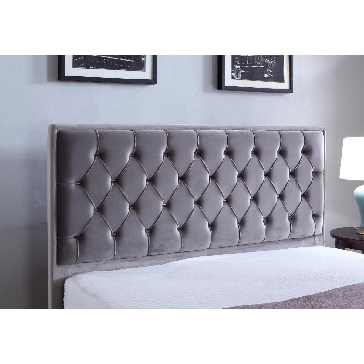 Izabel Velvet King Size Bed Light Grey with Dark Grey HB - Image 2