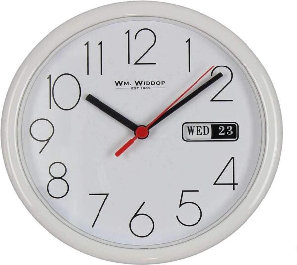 Wm.Widdop Day/Date Wall Clk-White Case/White Dial 8.5"Rnd +B