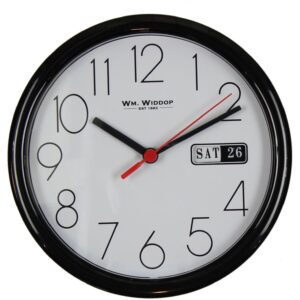 Wm.Widdop Day/Date Wall Clk-Black Case White Dial 8.5"Rnd