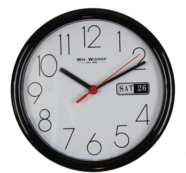 Wm.Widdop Day/Date Wall Clk-Black Case White Dial 8.5"Rnd