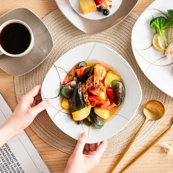 VEWEET 30/60-Piece Porcelain Ceramic Kitchen Dinner Plate Set with 5PCS Dessert Plates/Soup Plates/Dinner Plates/Cups/Saucers - Image 2