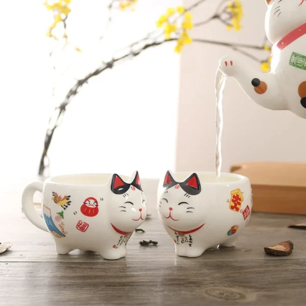 Cute Japanese Lucky Cat Porcelain Tea Set Creative Maneki Neko Ceramic Tea Cup Pot with Strainer Lovely Plutus Cat Teapot Mug - Image 2