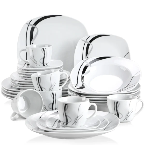 VEWEET 30/60 Piece Black Lines Porcelain Ceramic Tableware Set with Dessert Plates/Soup Plates/Dinner Plates/Cups/Saucers - Image 6