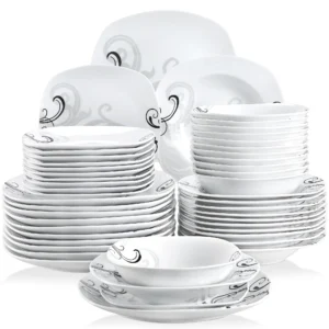 VEWEET 48-Piece Black Decals Dinner Combi-Set Porcelain Tableware Set with Bowls Dessert Plates Soup Plate Dinner Plates