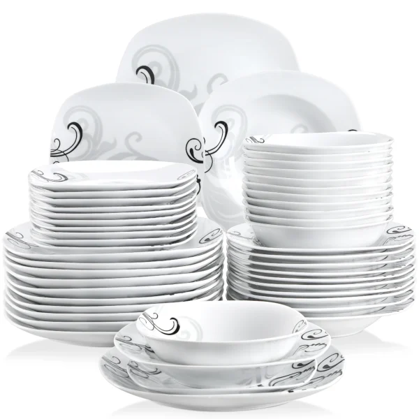 VEWEET 48-Piece Black Decals Dinner Combi-Set Porcelain Tableware Set with Bowls Dessert Plates Soup Plate Dinner Plates