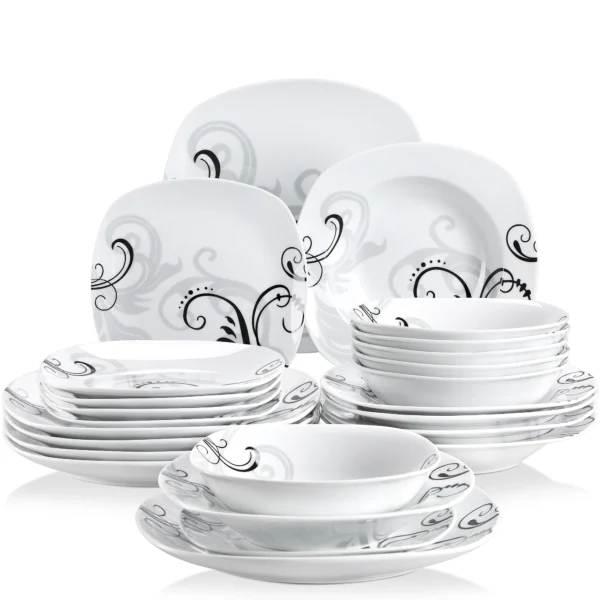 VEWEET 48-Piece Black Decals Dinner Combi-Set Porcelain Tableware Set with Bowls Dessert Plates Soup Plate Dinner Plates - Image 7