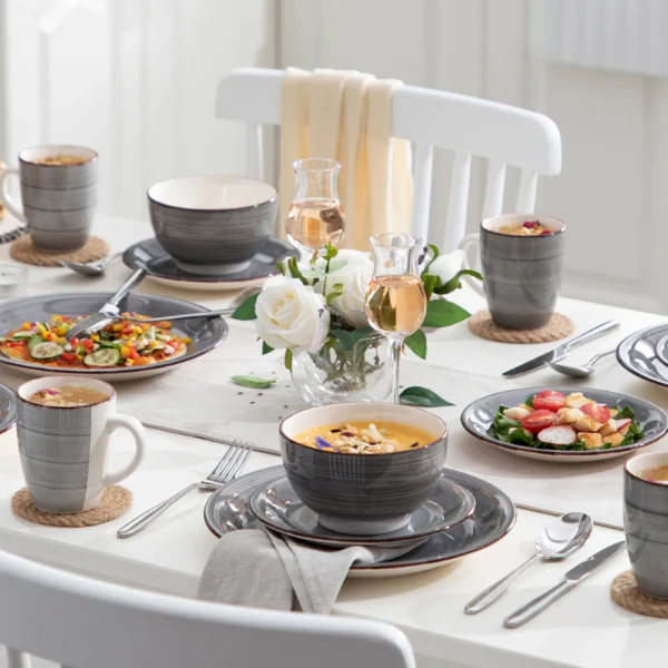 vancasso 16/32/48-Pieces Porcelain Dinner Set Grey Vintage Ceramic Tableware Set with Dinner Plate,Dessert Plate,Bowl,Mug - Image 5