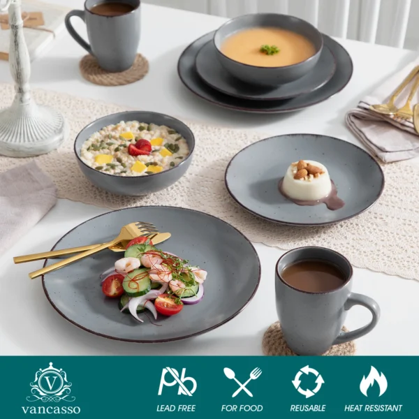 VANCASSO MODA Series 16/32/48 Piece Pottery Dinner Set Grey Stoneware Tableware Set with Dinner Plate,Dessert Plate,Bowls,Cups - Image 4