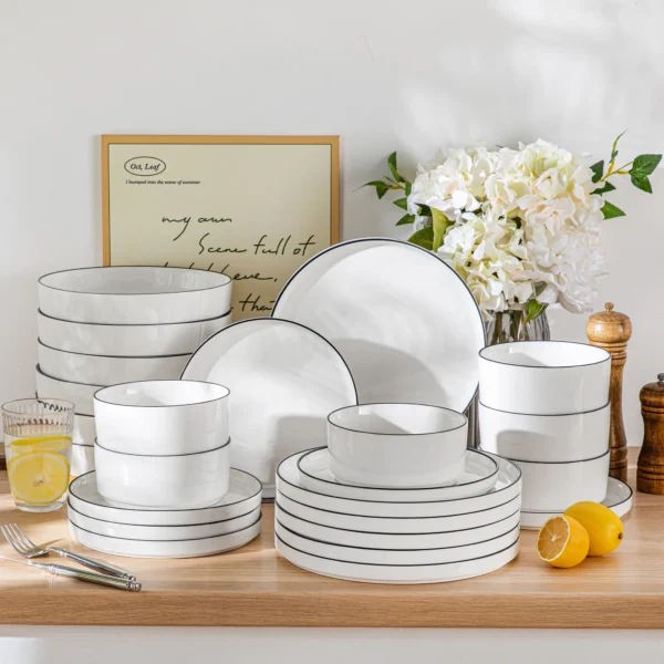 MALACASA 12/16/18/24 Piece Dinner Plates Sets Black Rim Half standing edge Dinnerwar with 4/6PCS Dinner Plate/Dessert/Soup/Bowl