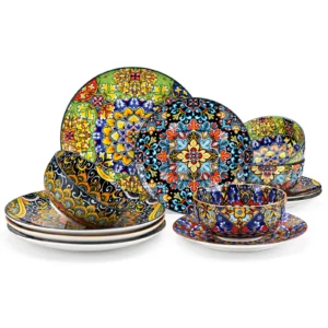 vancasso 12 Piece Ceramic Dinner Plate Double sided Painting Bohemian Style Dinnerware Set with 4PCS Dinner Plate/Dessert/Bowl
