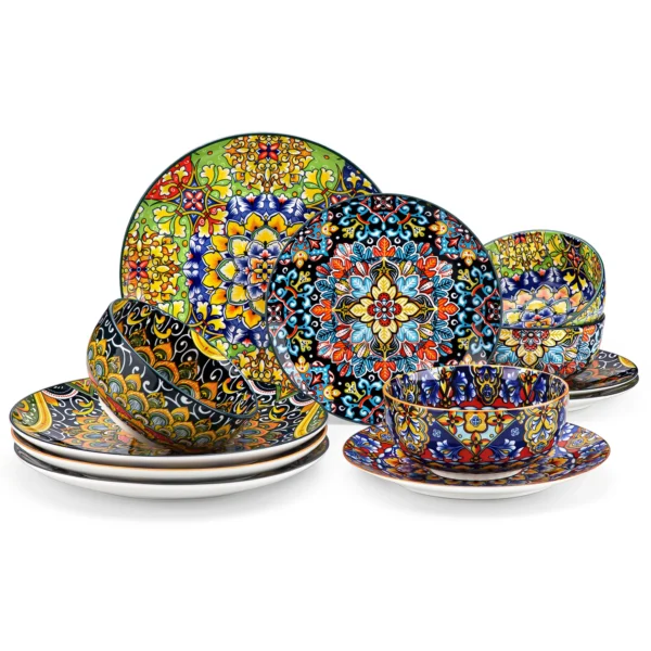 vancasso 12 Piece Ceramic Dinner Plate Double sided Painting Bohemian Style Dinnerware Set with 4PCS Dinner Plate/Dessert/Bowl