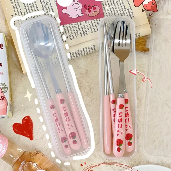 Ceramic Handle Dinnerware Strawberry Chopsticks Spoon Fork Cutlery Set with Case Portable Travel Stainless Steel Tableware - Image 2