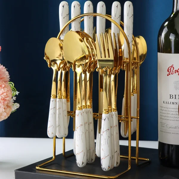 24 pcs stainless steel tableware light luxury style marble ceramic handle main dinner knife, fork, spoon, teaspoon gift set - Image 2