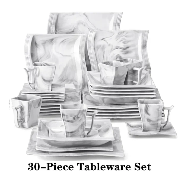 MALACASA FLORA 30/60PCS Marble Porcelain Dinnerware Set with 12*Dinner Plate,Dessert Plate,Soup Plate,Cups&Saucers Tableware Set - Image 5