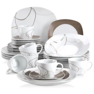 VEWEET 30/60-Piece Porcelain Ceramic Kitchen Dinner Plate Set with 5PCS Dessert Plates/Soup Plates/Dinner Plates/Cups/Saucers