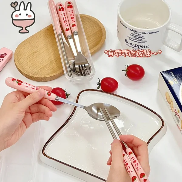 Ceramic Handle Dinnerware Strawberry Chopsticks Spoon Fork Cutlery Set with Case Portable Travel Stainless Steel Tableware - Image 3