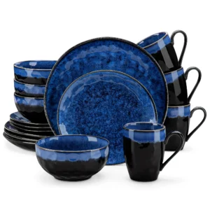 VANCASSO 16/32/48-Piece Starry Blue Dinner Set,Kiln Change Glaze Tableware Dinner Set with Dinner Plate,Dessert Plate,Bowl,Mug