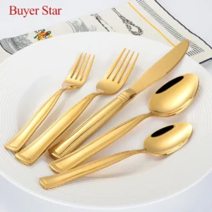 5 pcs/Set High Quality Luxury Golden Dinnerware Set Gold Plated Stainless Steel Cutlery Set Wedding Gold Knife Fork Tablespoon