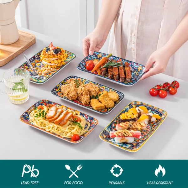 vancasso 6/12 Piece Porcelain Rectangular Serving Plates Bohemian 8.5inch Dinner Plates Set for Beef/Food/Noodles/Pasta 6 People - Image 3