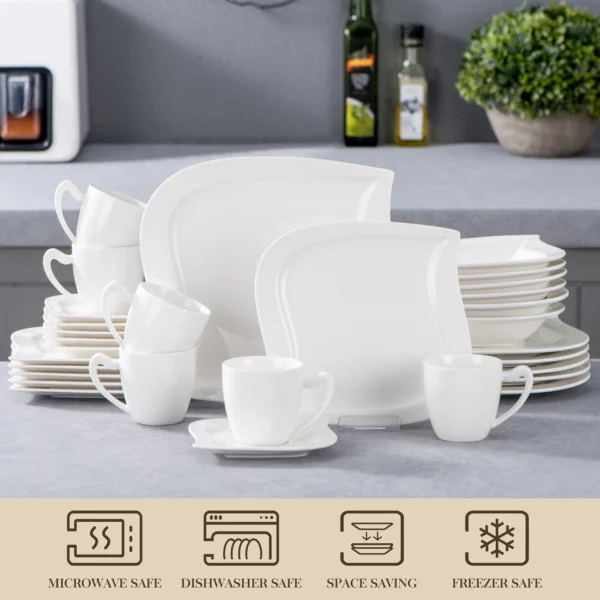 MALACASA 30/60 Piece White Porcelain Dinner Set with Cups Saucers Dessert Soup Dinner Plates Tableware Service for 6/12 - Image 3