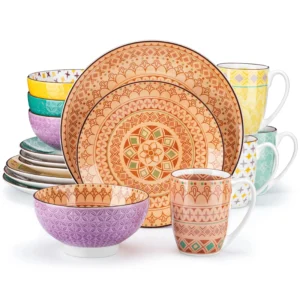 vancasso 16/32-Piece 4-Color 4-Design Porcelain Dinnerware Set Plate Set with 4PCS Dinner Plate,Dessert Plate,Bowl,Mug Set