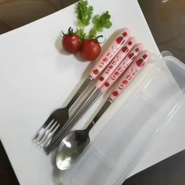 Ceramic Handle Dinnerware Strawberry Chopsticks Spoon Fork Cutlery Set with Case Portable Travel Stainless Steel Tableware - Image 8