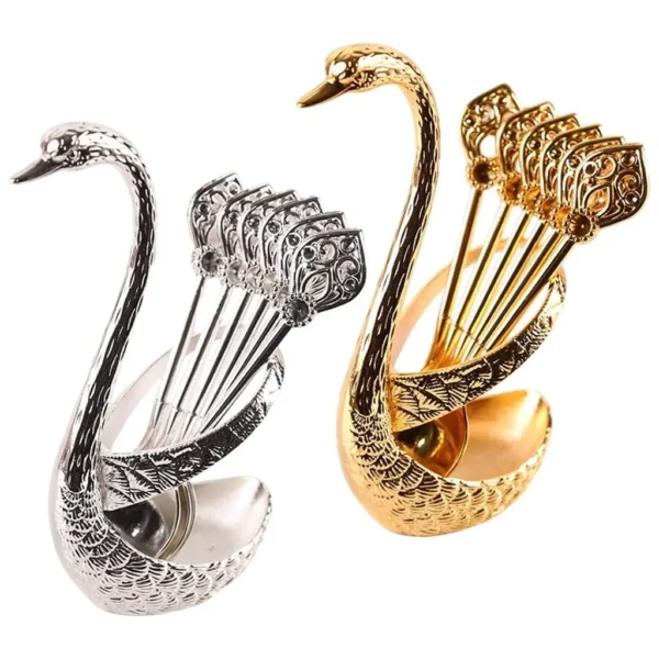 Swan Tableware Holder Base Elegant Gold Alloy Fruit Fork and Spoon Cutlery Set Dessert Teaspoon Dinnerware Kitchen Accessories - Image 3